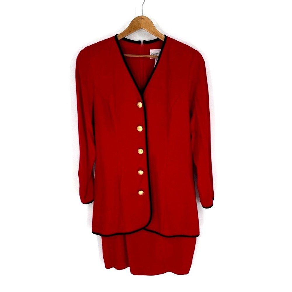 VTG Danny Nicole Womens Size 12 Dress Set Red Black Trim Gold Buttons Blazer USA
